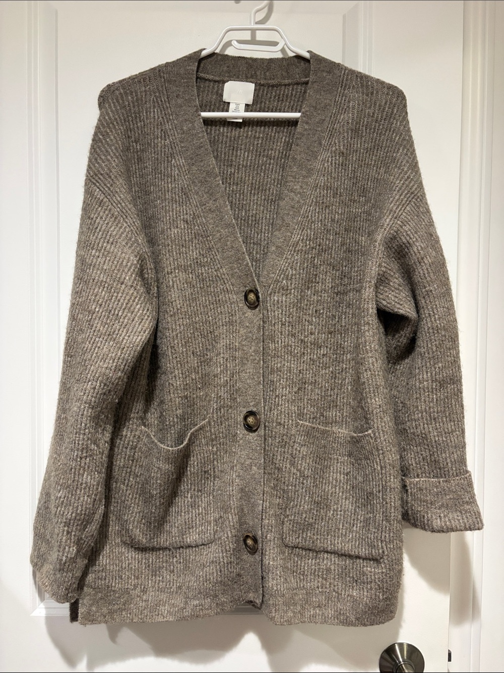 H&M Taupe Ribbed V-Neck Button Cardigan